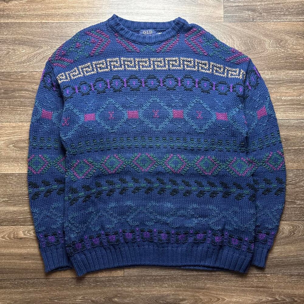 1990s Navy Blue Old Glory Geometric Patterned Knit Sweater